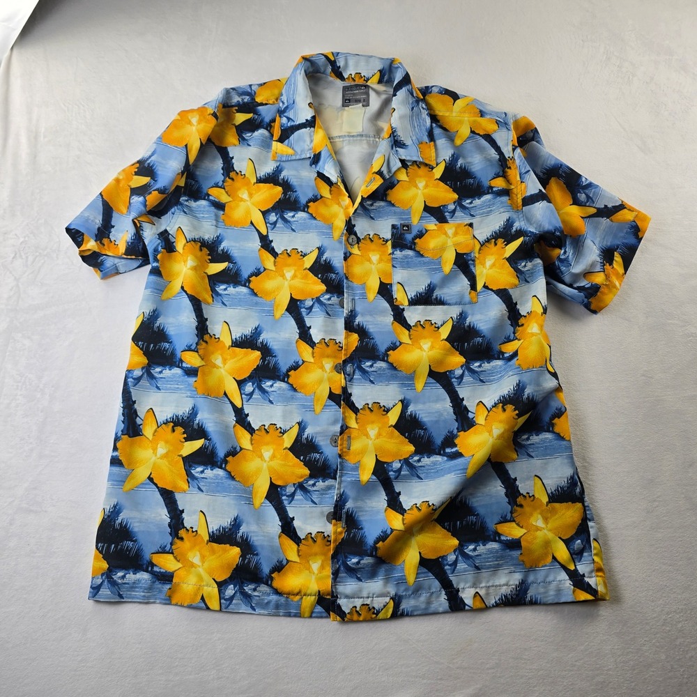 Vintage Quiksilver Mens Floral‎ Orchid Hawaiian Shirt Blue Yellow Large